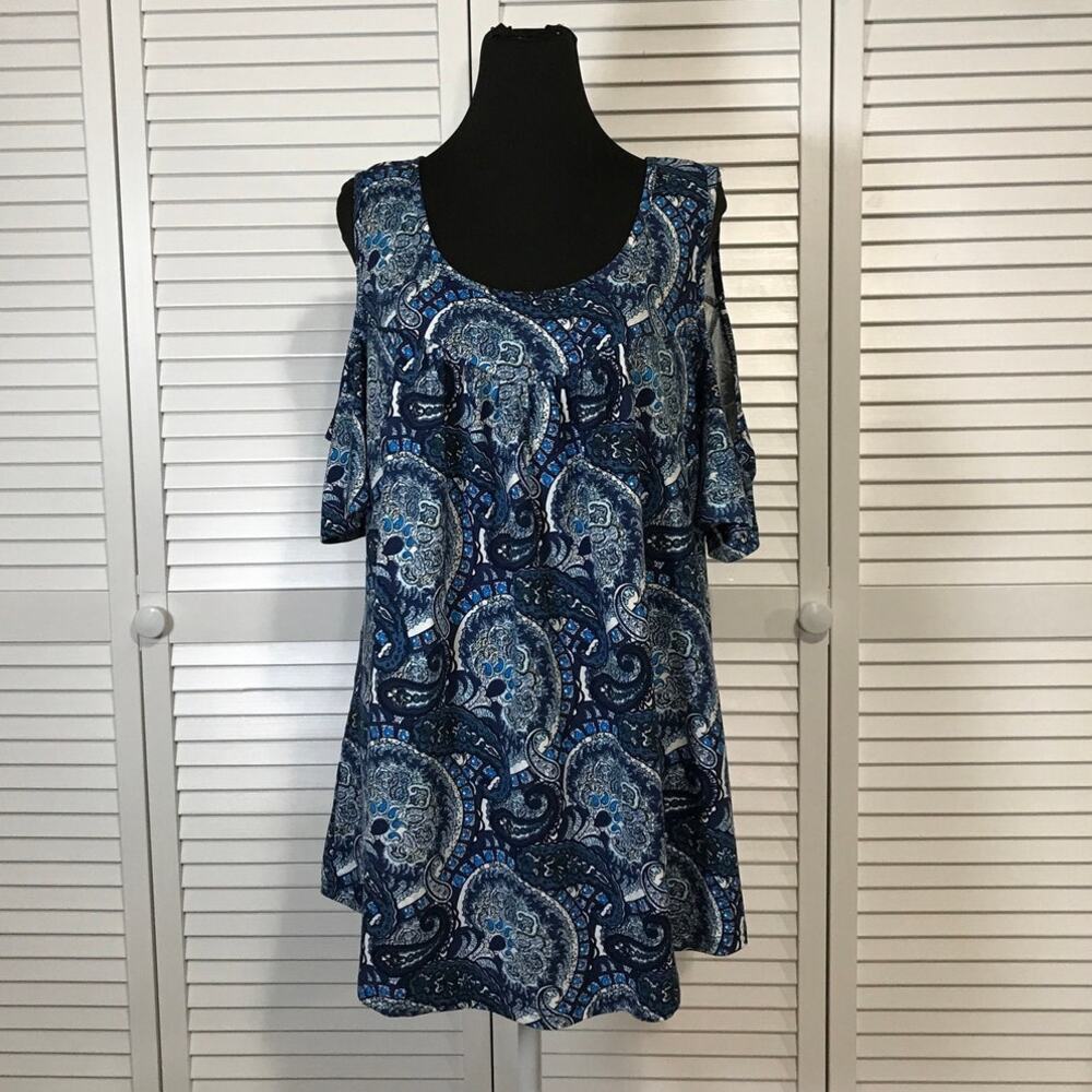 a.Jesdani Boho Blue Paisley Cold Shoulder Draped Stretch Flowy Tunic Blouse 2X